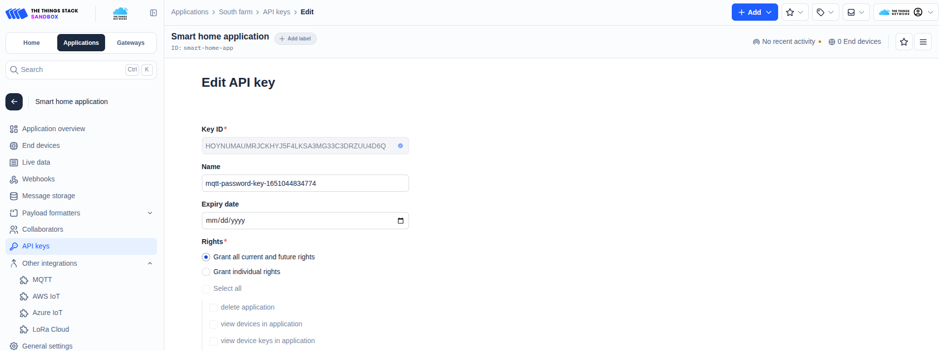 Edit The Things Stack API key