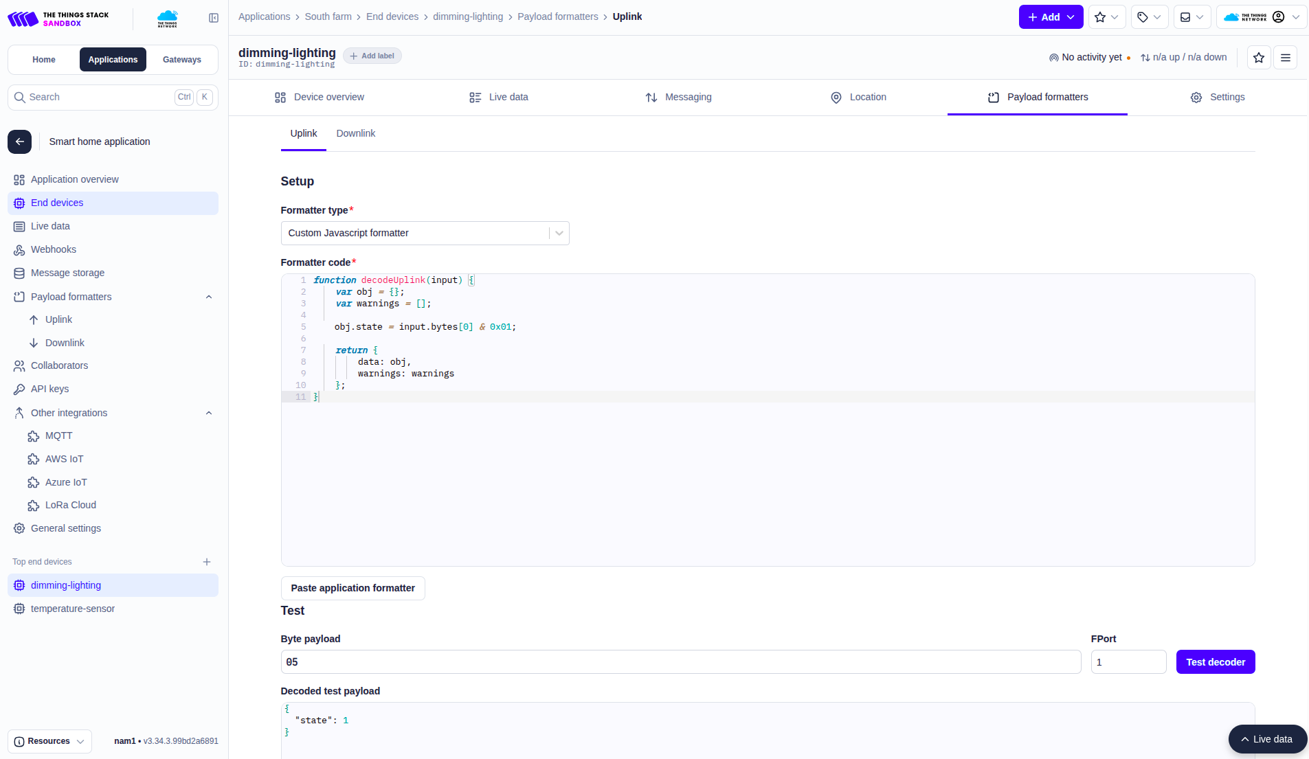 Uplink payload formatter