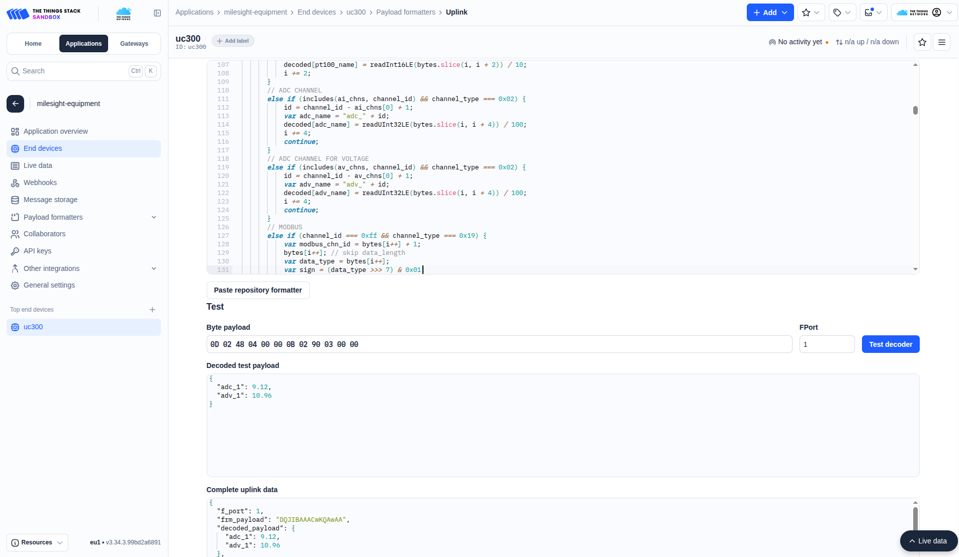 Uplink payload formatter