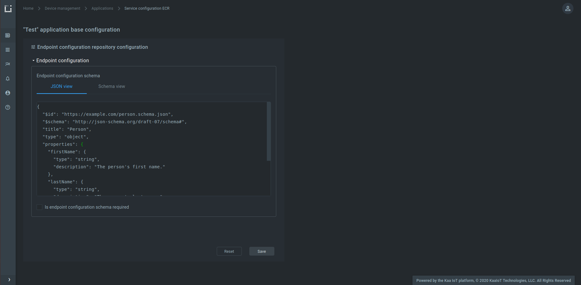 Endpoint configuration schema management JSON view