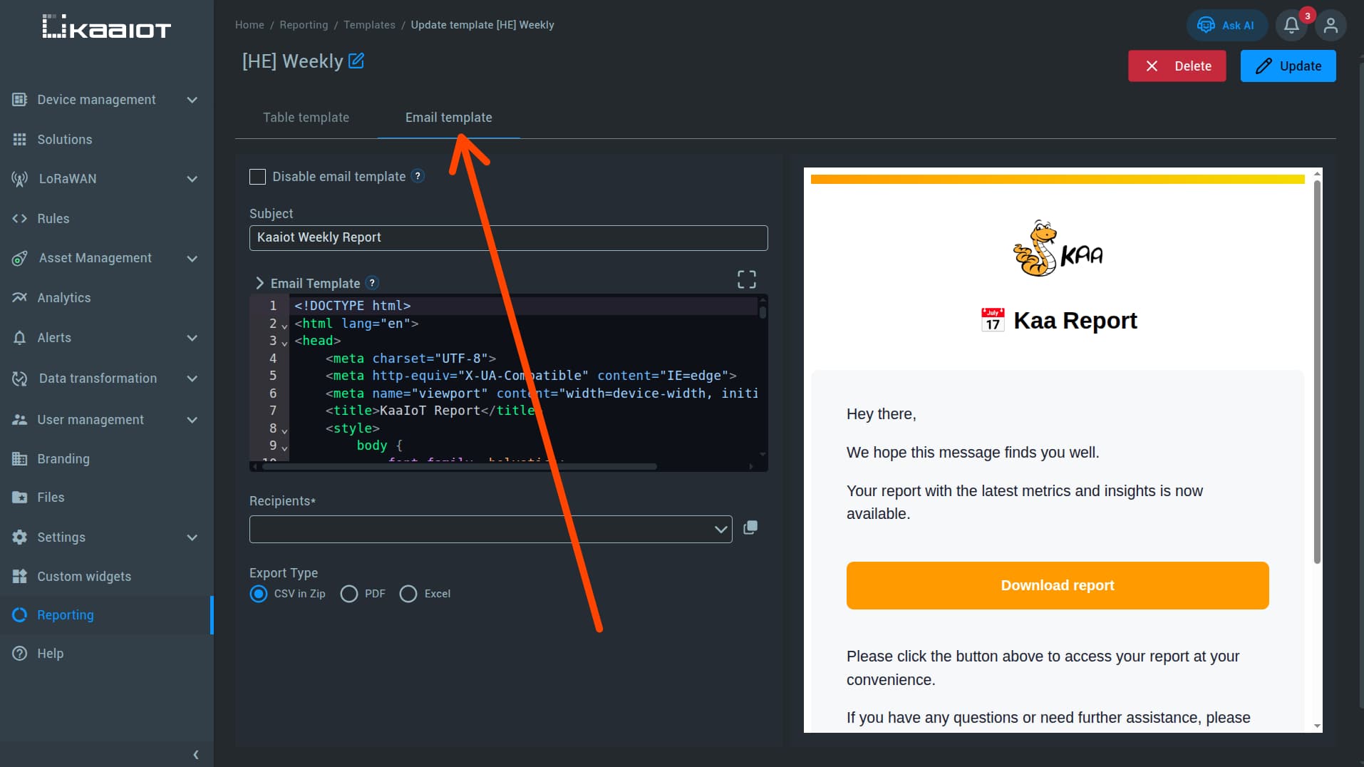 email template with arrow