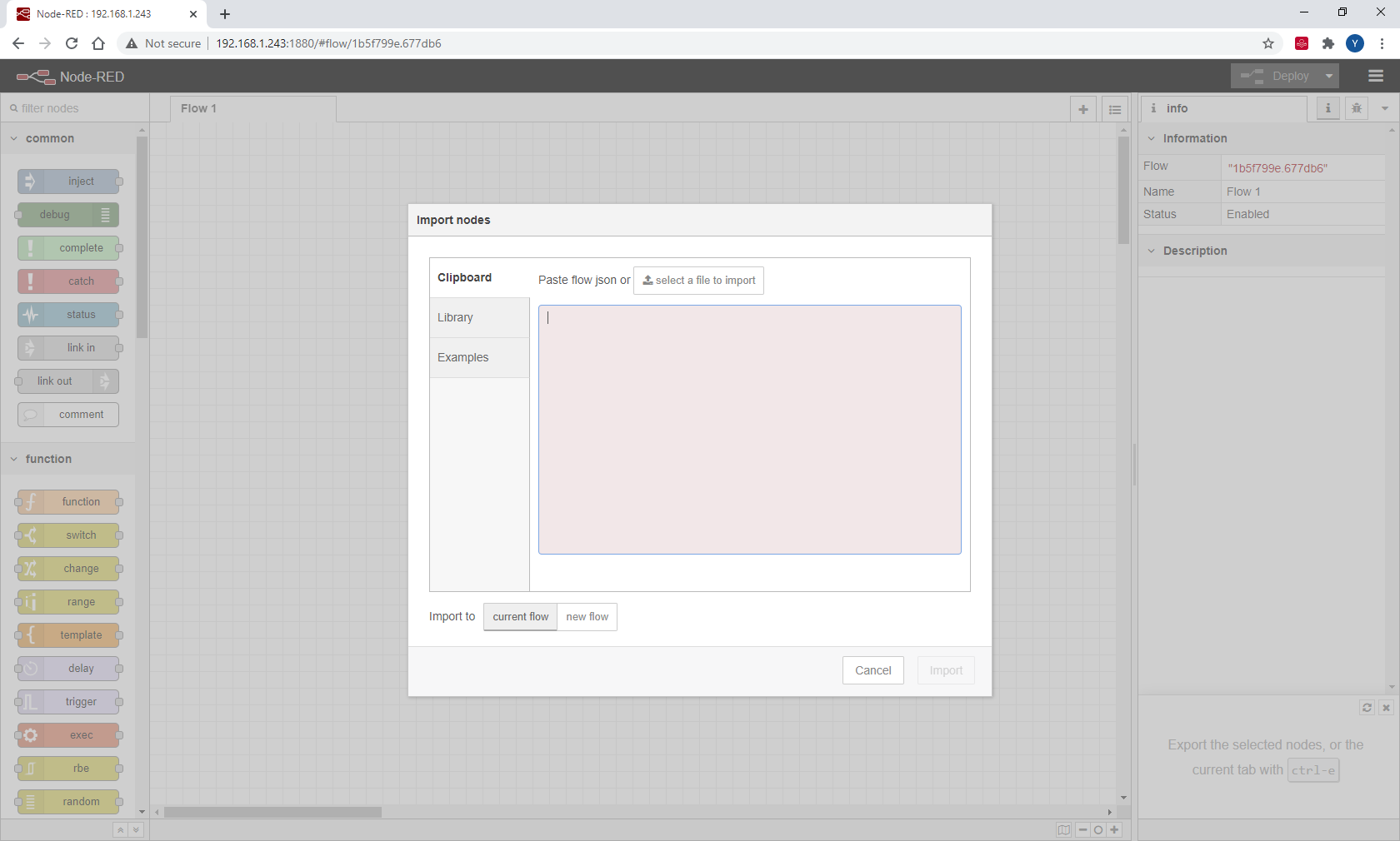 Node-RED import clipboard