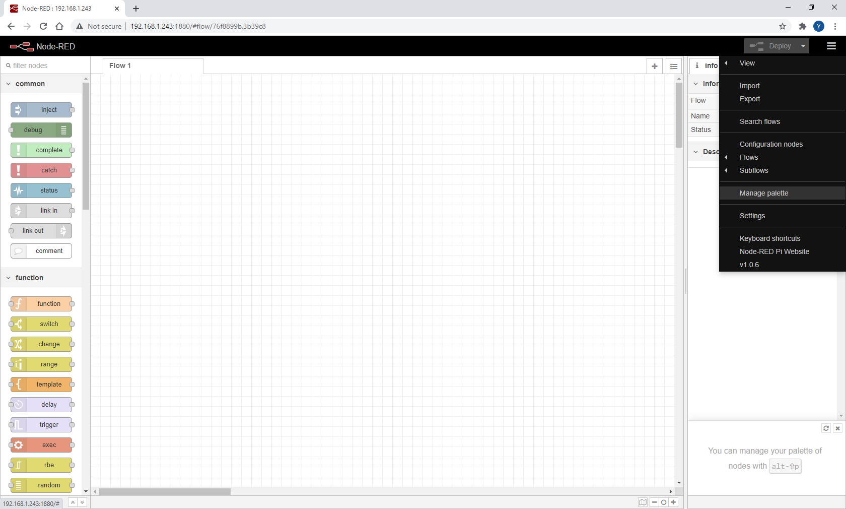 Node-RED manage palette