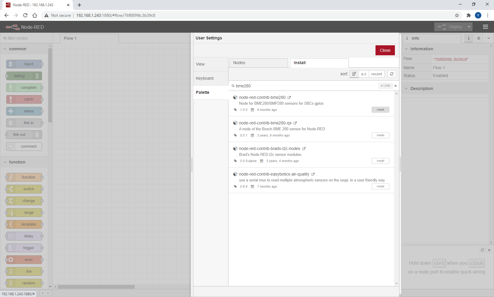 Node-RED search BME280 node