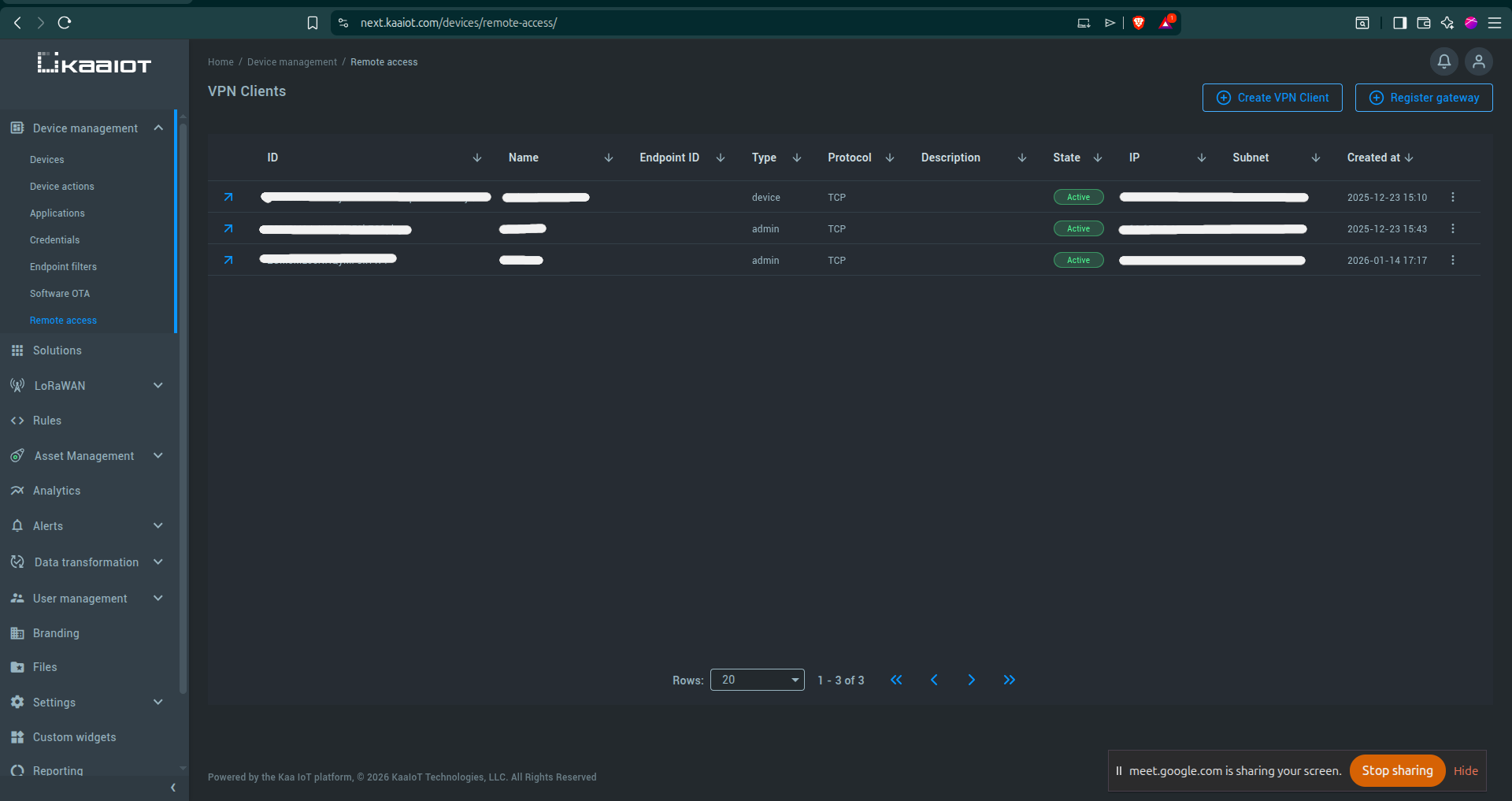 Figure 1: VPN Clients list in KaaIoT