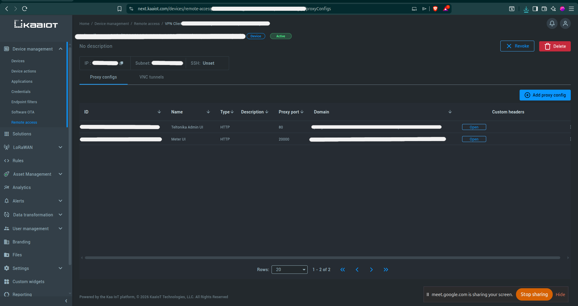 Figure 6: Proxy configs tab with existing configurations