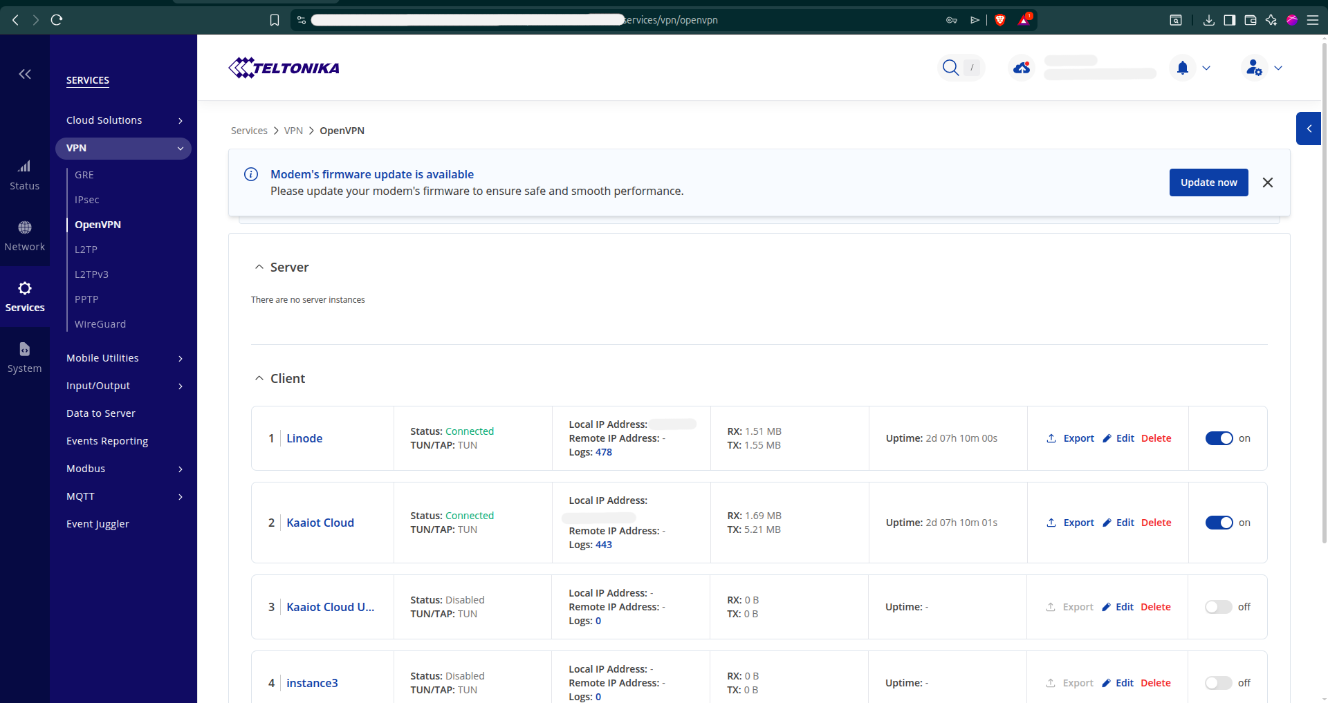 Figure 3: OpenVPN page on Teltonika (Services -> VPN -> OpenVPN)