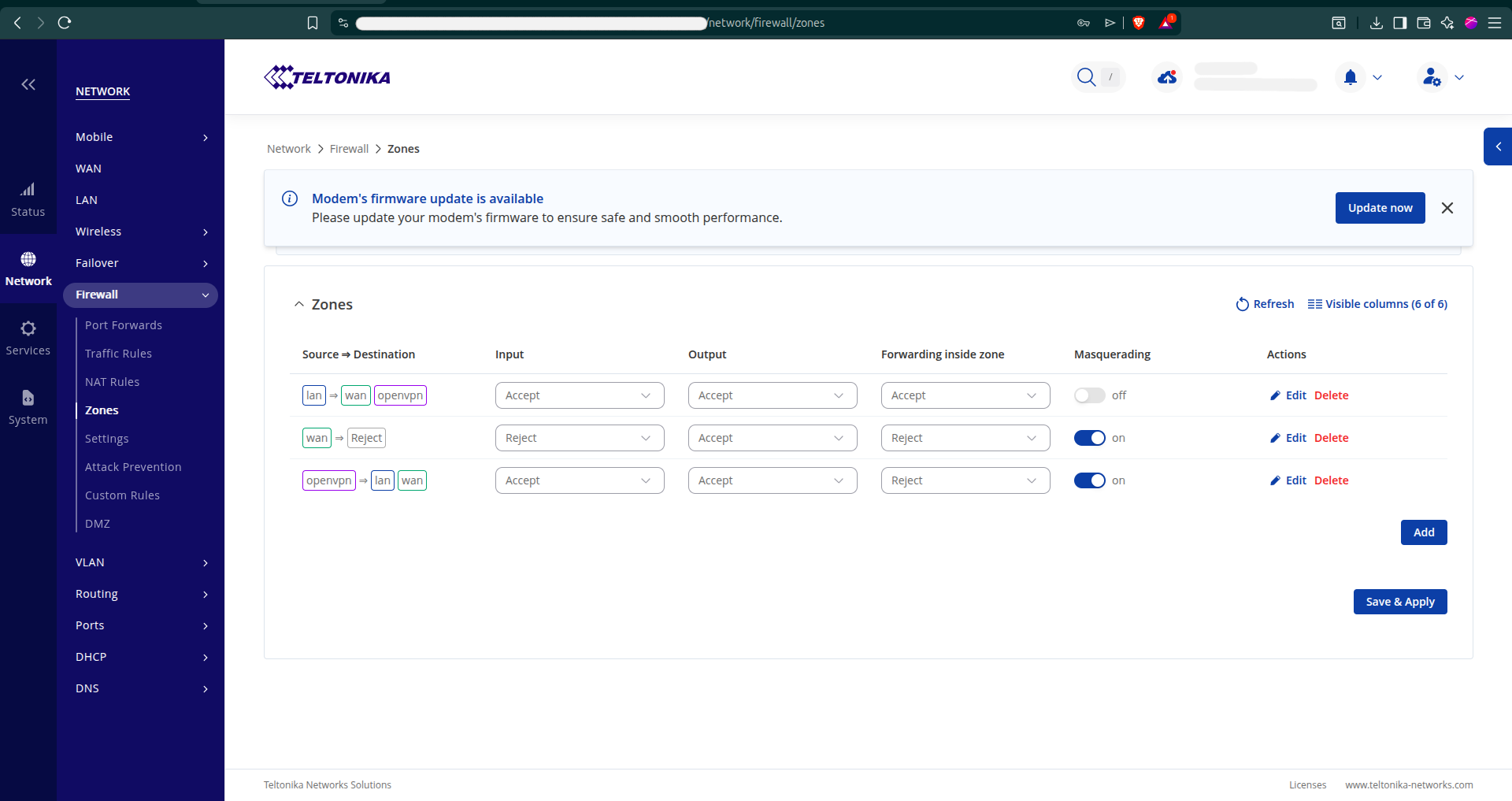 Figure 5: Firewall Zones configuration (Network -> Firewall -> Zones)