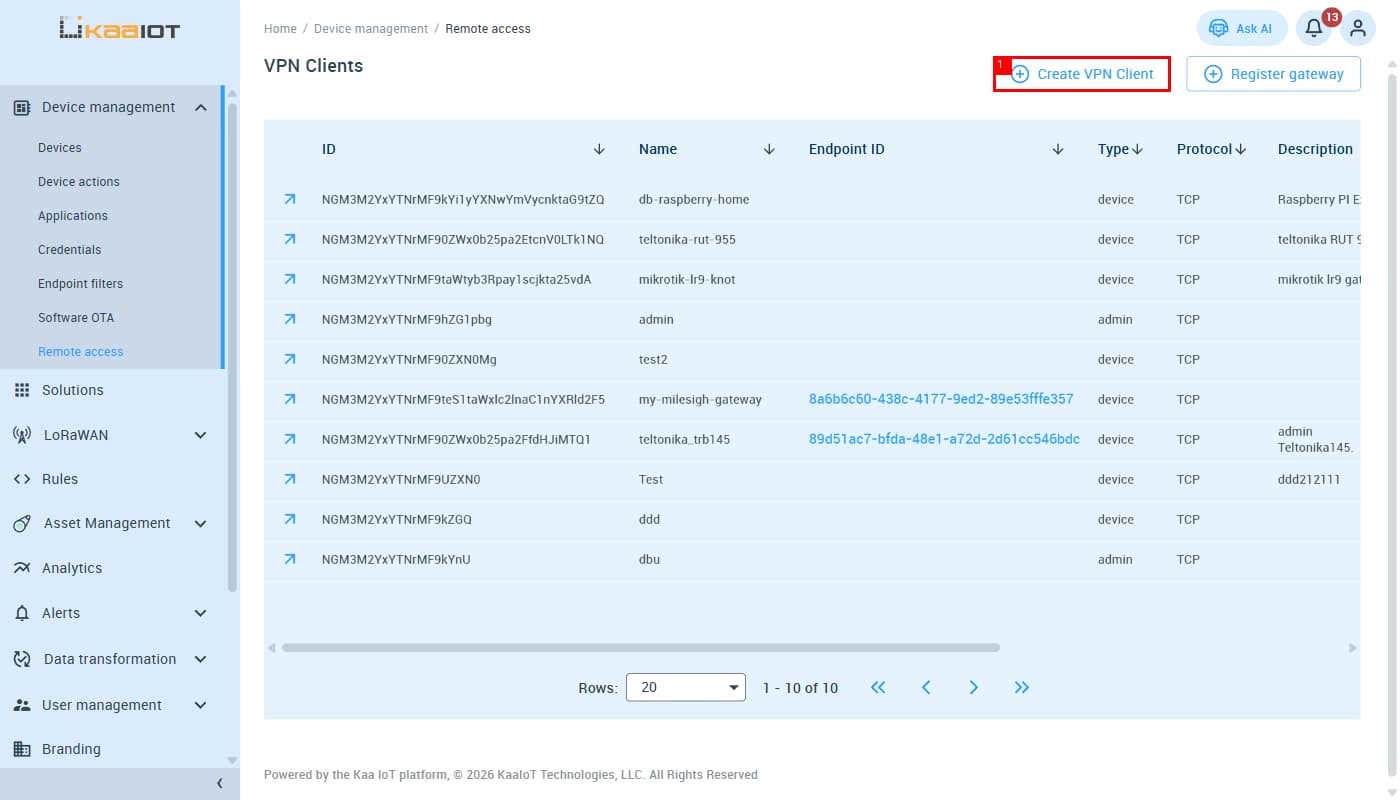 VPN Clients list — click Create VPN Client