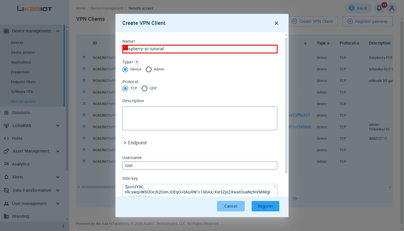 Create VPN Client form — Name field at the top