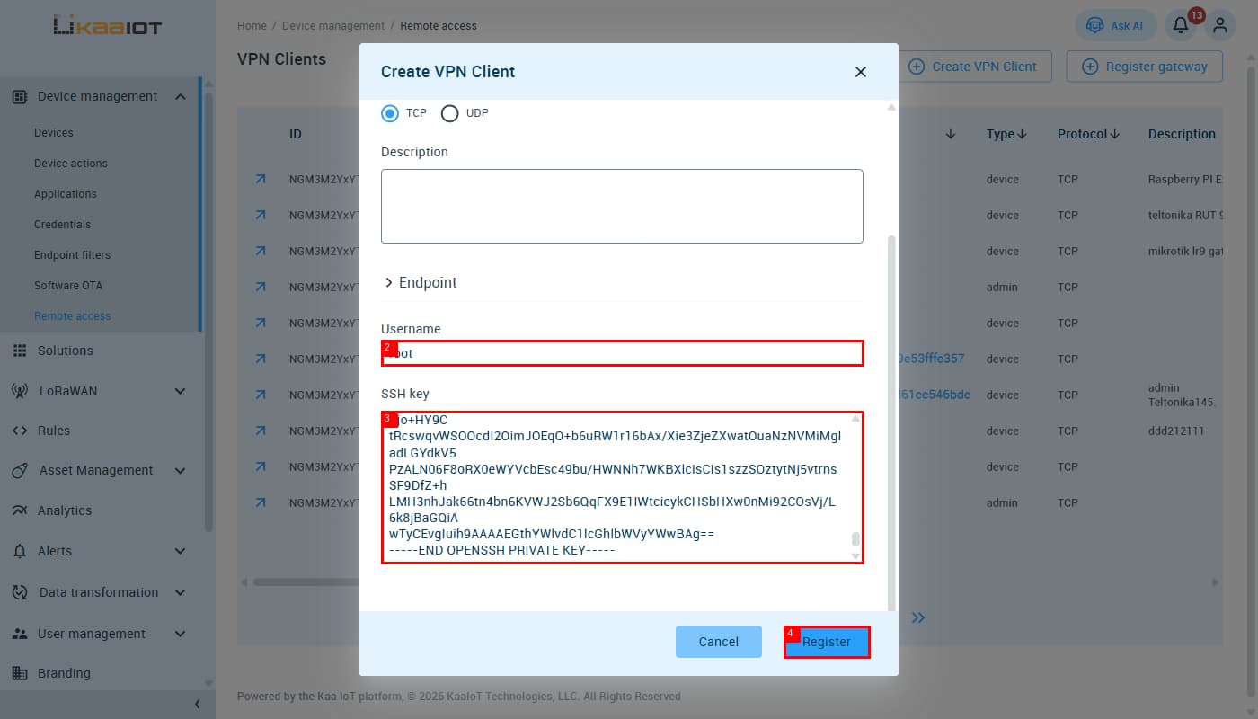 Create VPN Client form — Username, SSH key, and Register button
