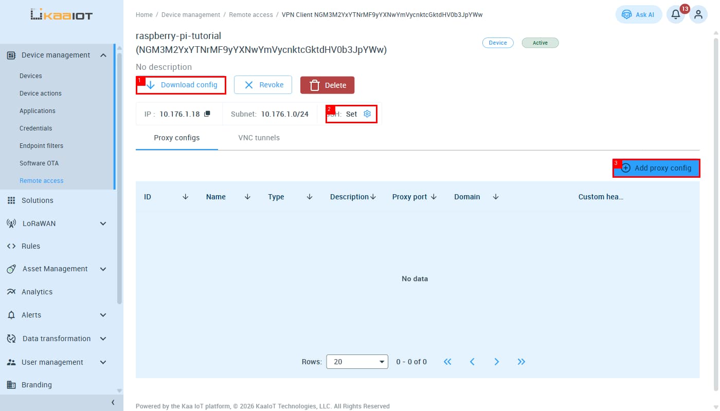VPN client detail page — Download config and SSH gear