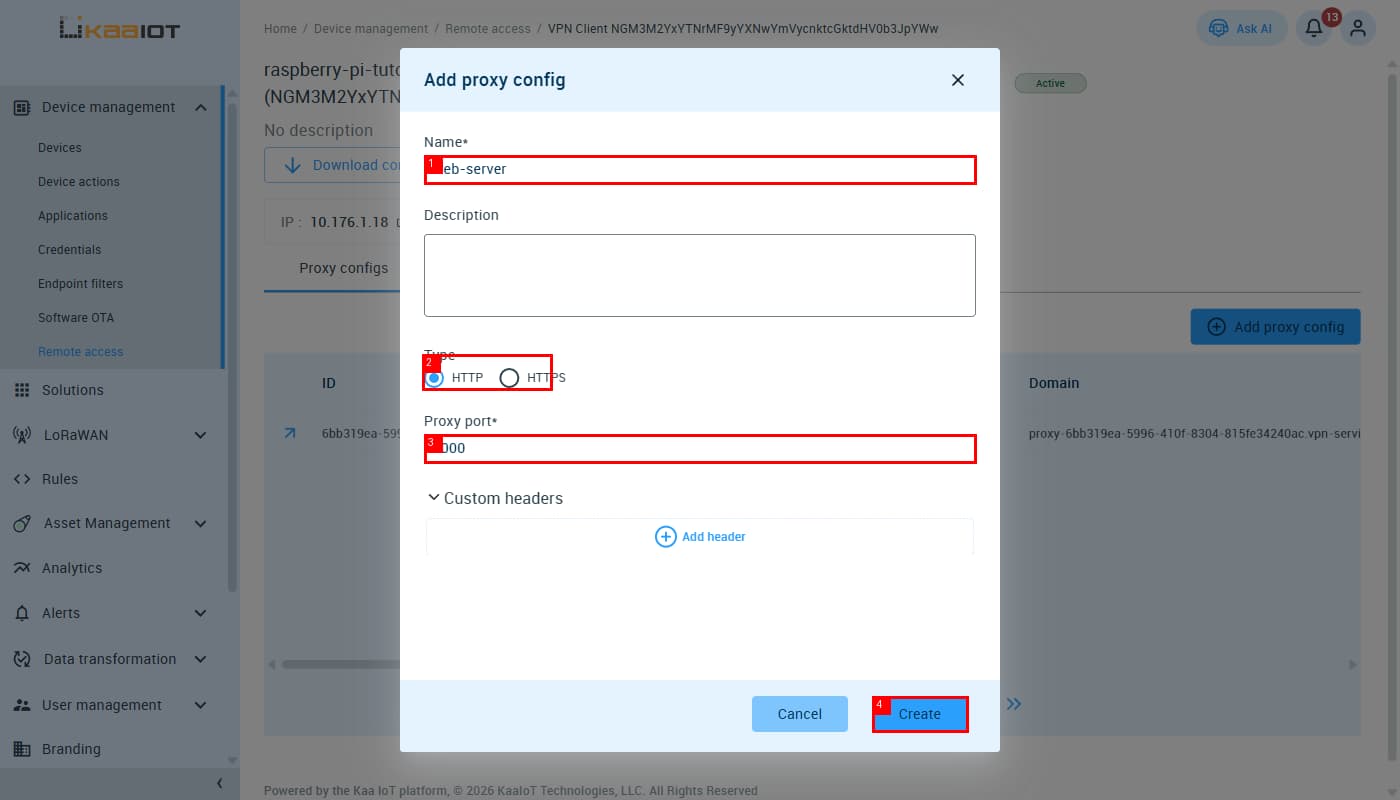 Add proxy config — name web-server, HTTP, port 8000