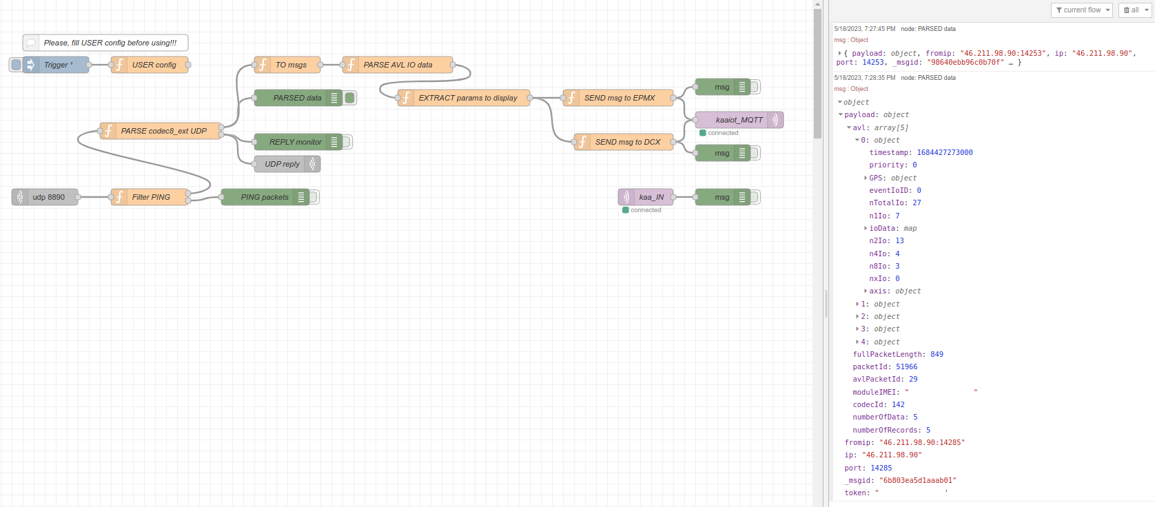 Node-RED debug packets